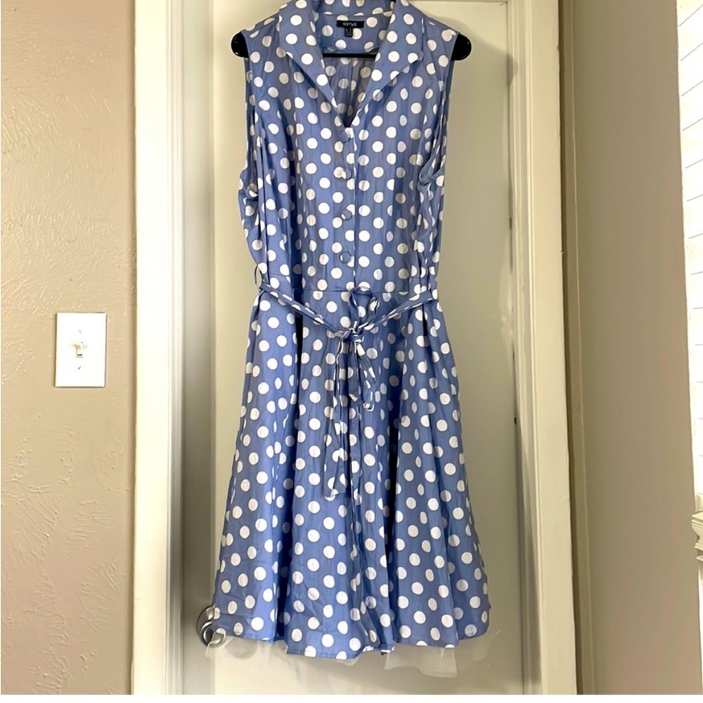 Samya Blue and White Polka Dot Sleeveless Tie-Waist Dress